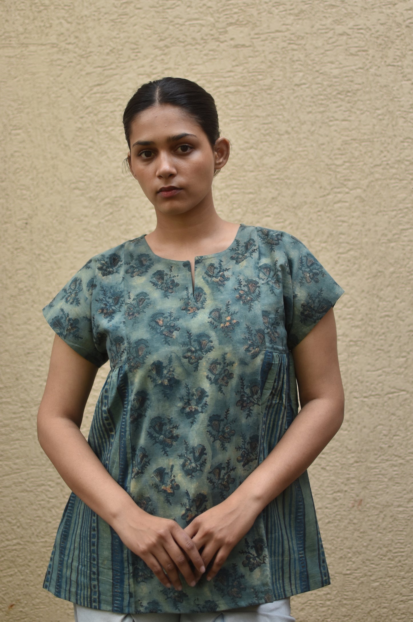 PANELLED GREEN HANDPRINTED TOP