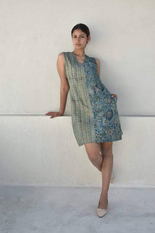 TROPICAL TEAL HANDPRINTED DRESS