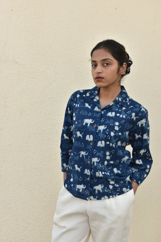 NAVY NOMAD HANDPRINTED SHIRT
