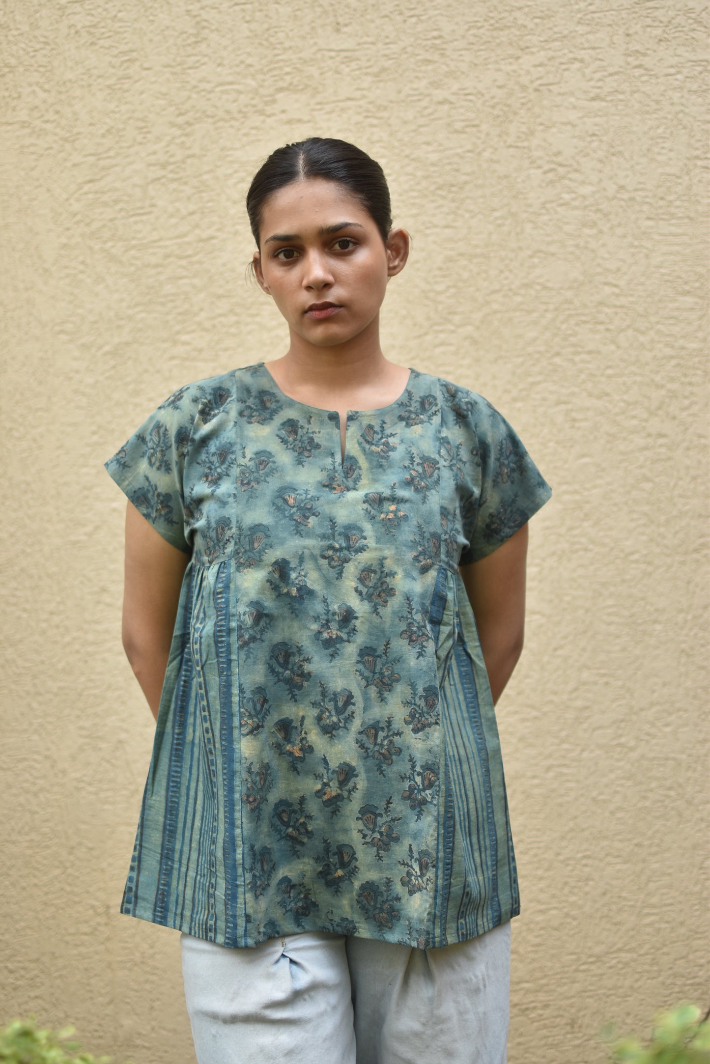 PANELLED GREEN HANDPRINTED TOP