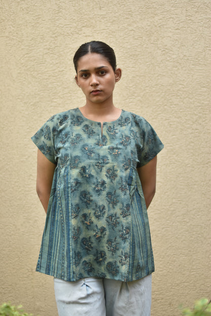 PANELLED GREEN HANDPRINTED TOP