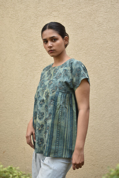 PANELLED GREEN HANDPRINTED TOP