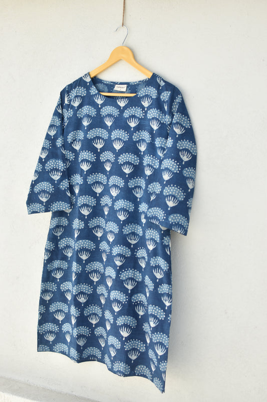 NAVY PEONY HANDPRINTED DRESS