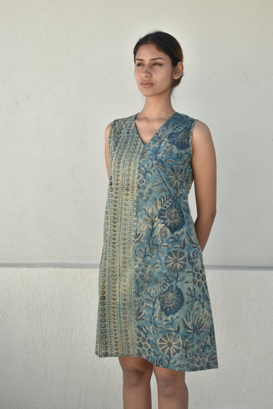 TROPICAL TEAL HANDPRINTED DRESS