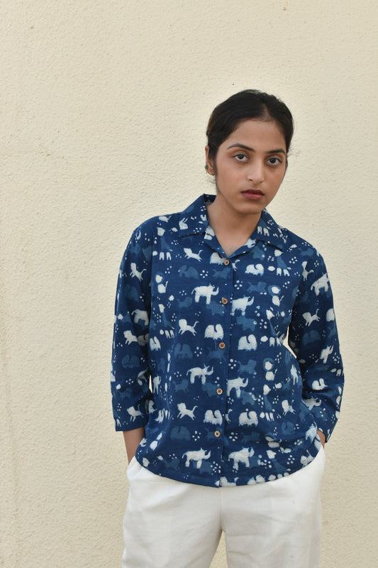 NAVY NOMAD HANDPRINTED SHIRT
